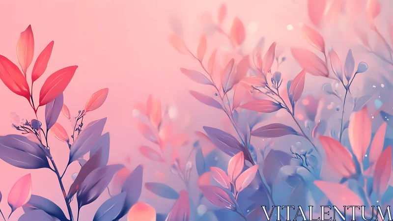 Pastel foliage illustration with dreamy pink blue glow.