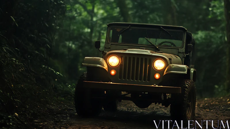 Off-road jeep advances through dim rainforest trail at dusk