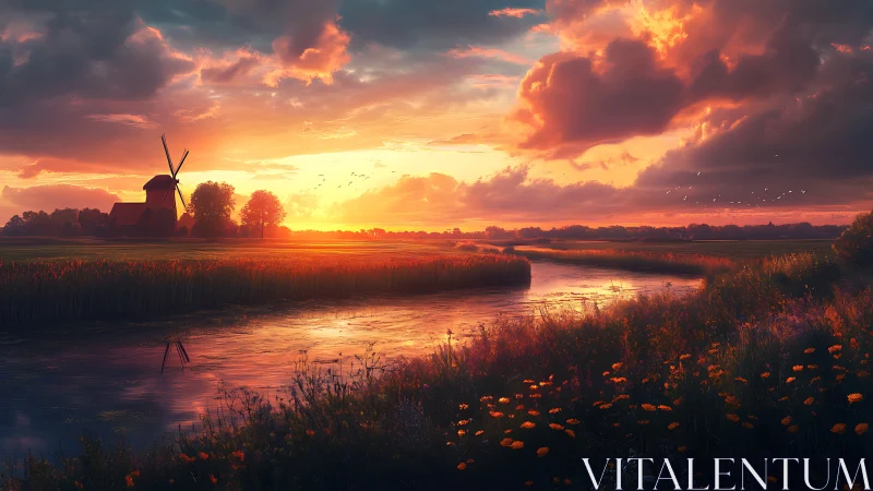 Sunlit river meadow and distant windmill rendered in digital realism