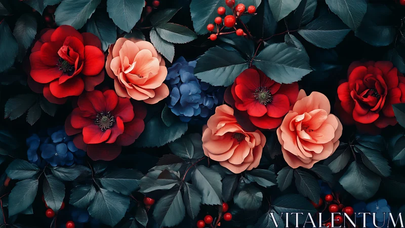 Vibrant Garden of Red and Coral Roses with Navy Blue Accents.