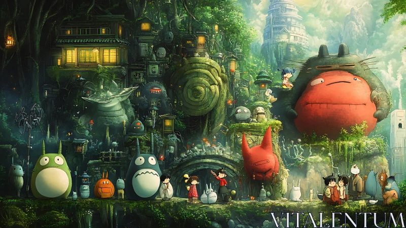 Dense forest settlement with stylized creatures in layered tiers