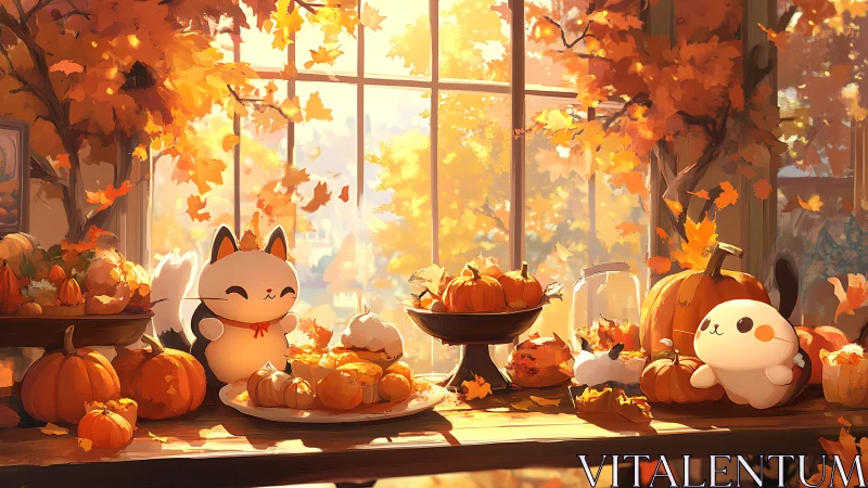 Anime Autumn Still Life: Maneki-neko and Ghost Characters Amid Pumpkins