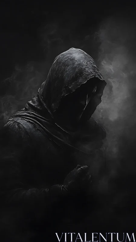 Mysterious hooded wanderer emerging from gentle swirling fog.
