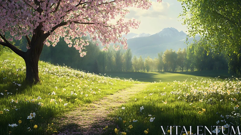 Spring meadow path beneath blooming cherry tree at dawn.