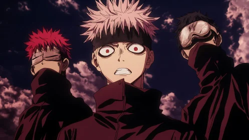 Three tense masked youths stare upward under stormy sky