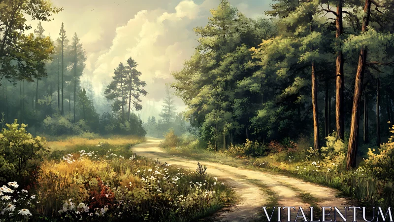 Forest pathway with tall pines and wildflower meadow under bright sky