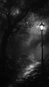 Lamp of whispered storms on a rain-slick midnight path.