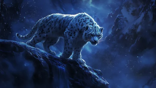 Snow Leopard on Mountain Outcrop in Nocturnal Alpine Setting