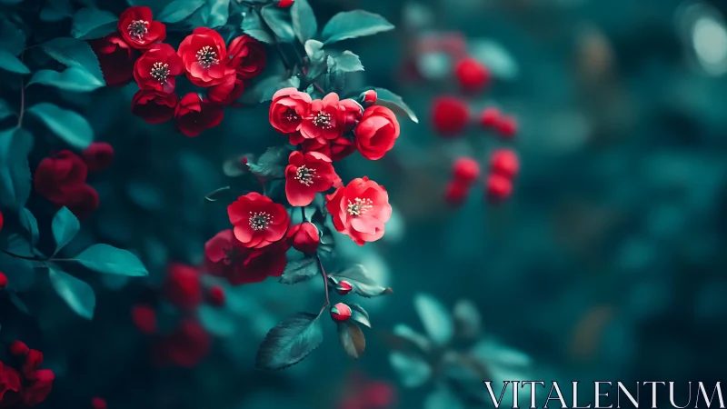 Crimson Blooms in Teal: A Garden's Velvet Whisper.