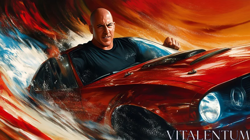 Muscular driver surges through liquid fire in red muscle car