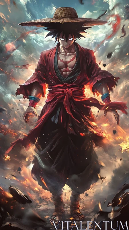 Straw hat warrior stands in flames with intense, focused gaze