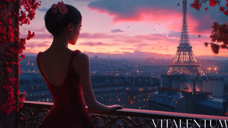Elegant woman overlooking glowing Eiffel Tower at dusk.