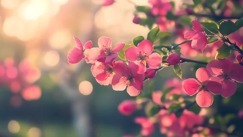 Pink Apple Blossoms with Soft-Focus Bokeh Background and Golden Hour Lighting