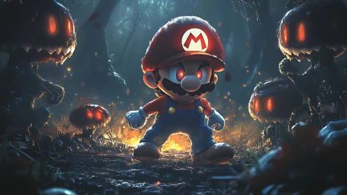 Cartoon plumber stands in dark forest amid glowing creatures