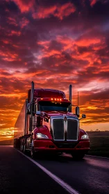 Red semi truck on open highway under vivid sunset sky.