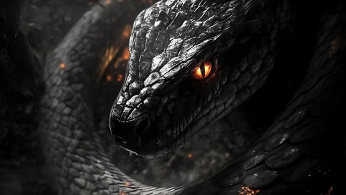 Serpentine obsidian dragon head with molten ember eye gaze.