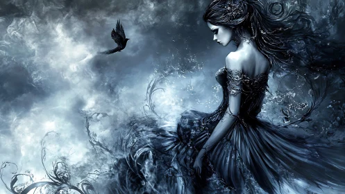 Ethereal raven maiden adrift in swirling lunar mist.
