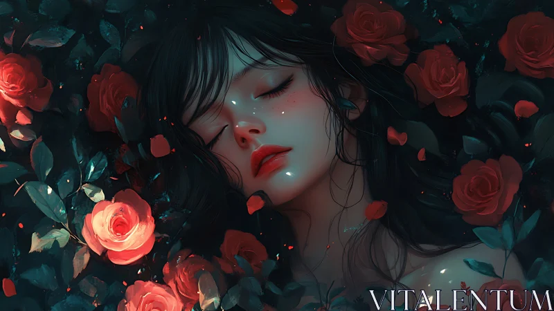 Dreamlike portrait of sleeping woman in luminous roses.
