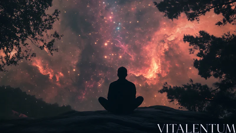 Silhouette of seated figure observing vivid cosmic nebula sky