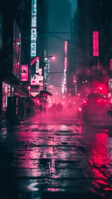 Neon city street in rain with silhouettes and traffic lights.