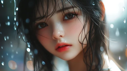 Wet-haired girl portrait in soft rain with bokeh light.