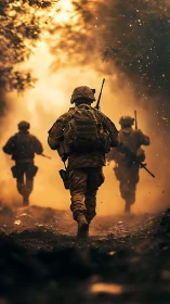 Soldiers advance through burning battlefield haze at dusk.