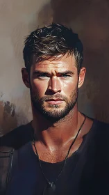 Sunlit rugged man in intense digital portrait study.