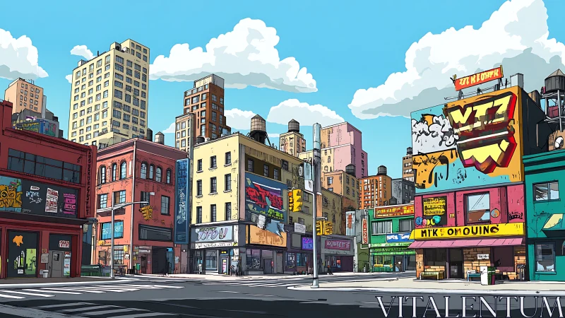 Colorful city corner filled with playful street art energy.