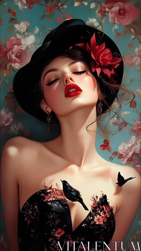 Floral noir portrait with avian motifs and luminous skin rendering.