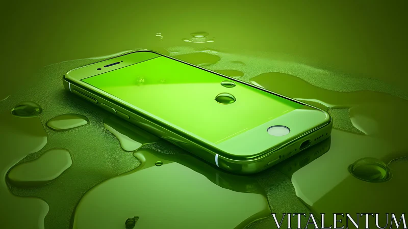 Glossy green smartphone drifts across reflective liquid surface.