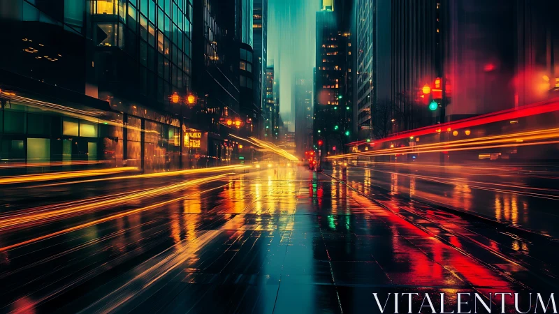 Neon city street at night with blurred traffic light trails.