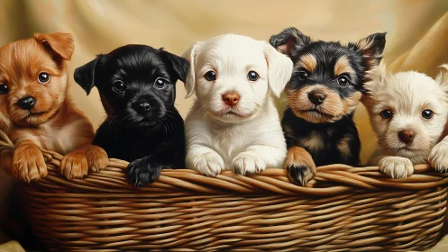 Five small puppies sit in a wicker basket against beige cloth