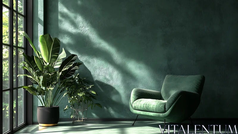 Soft green reading corner glows with gentle morning light