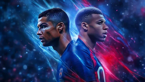 Dual football portraits in neon blue and red energy field.