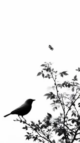 Minimalist bird silhouette with butterfly over sparse branches.