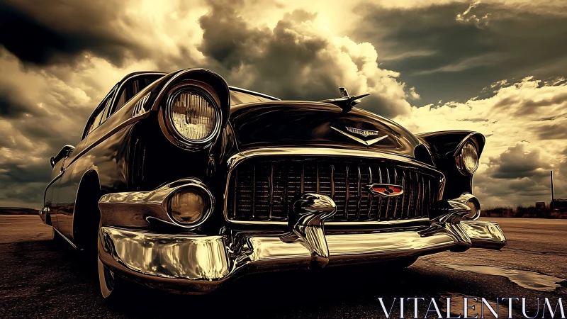 Low-angle classic car portrait with dramatic skies treatment.