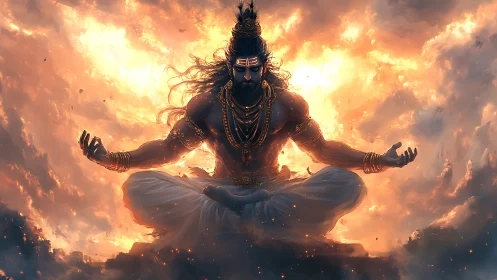 Mythic ascetic deity levitates in fiery volumetric cloudscape