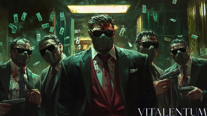 Digital painting of masked gunmen in neon-lit heist corridor.