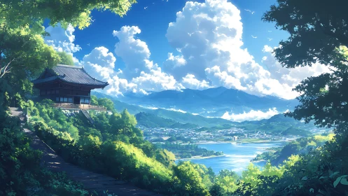 Hilltop temple over sunlit valley and bright blue river.