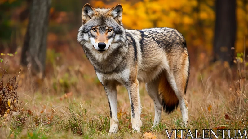 Lone grey wolf stands alert amid glowing autumn forest
