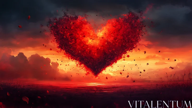 Explosive Heart Against Fiery Sunset Sky.
