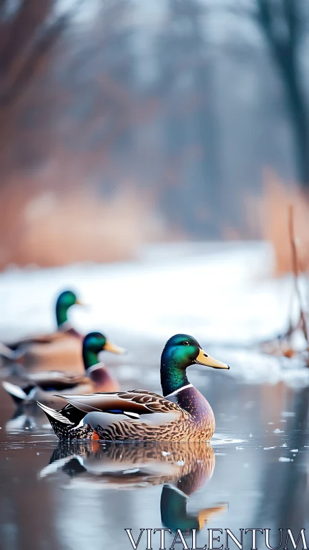 Mallard drakes gliding on icy winter river at dawn.