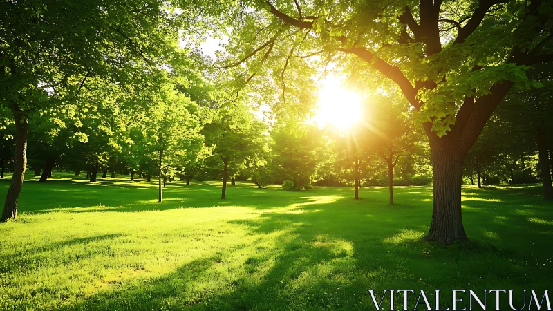 Morning sunlight pours gently through a peaceful green park