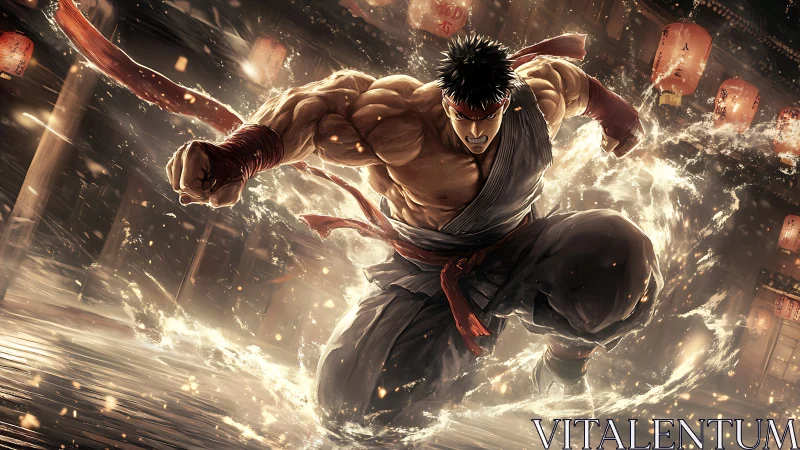 Martial artist unleashes a blazing, water-charged strike.