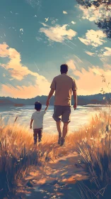 Evening lakeside walk shared between father and child.