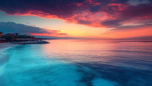 Coastal shoreline under vivid sunset sky with reflections.