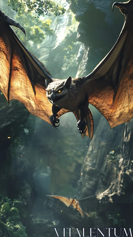 Winged predator glides through misty jungle canyon at dusk.