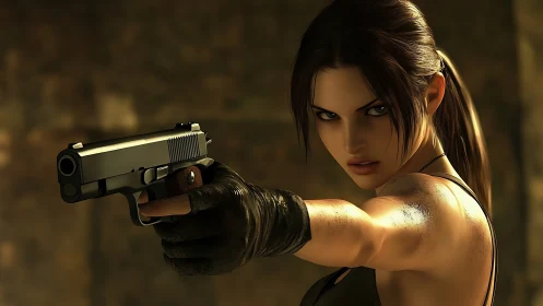 Rendered female agent aiming handgun in low light setting.