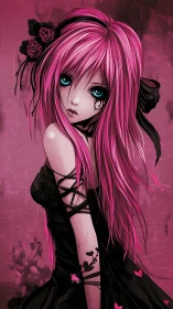 Gothic anime girl with vivid pink hair and black roses.
