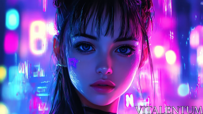 Neon drenched cyberpunk portrait of reflective city girl